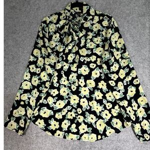 Ann Taylor Floral Bow Neck Blouse Black Yellow Long Sleeve Women's Size M